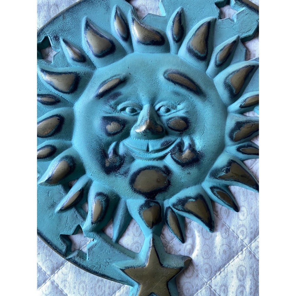 Vintage 1994 Partylite Sun and Moon Wall Sconce Pair Teal Verdigris Celestial - Picture 5 of 14